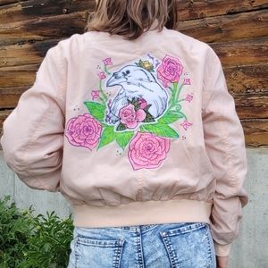 Pink bomber jacket upcycled jacket patchwork jacket custom painted jacket
